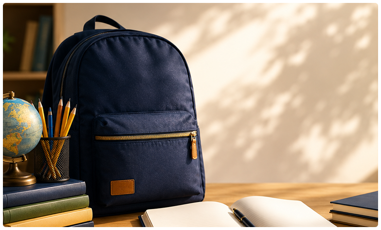 School backpack on desk with books